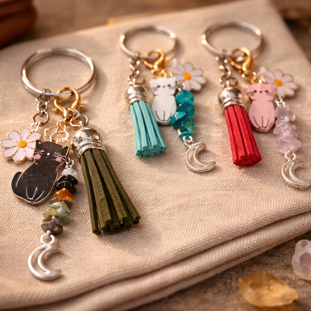 cat charm keychains with tassels and gemstone beads in multiple colors on white background detail