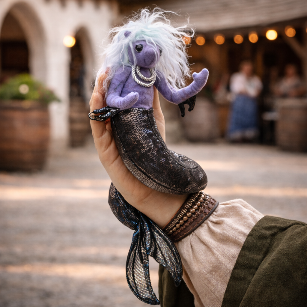 fantasy sea nymph wristlet puppet with purple body and flowing tail worn on hand against white background