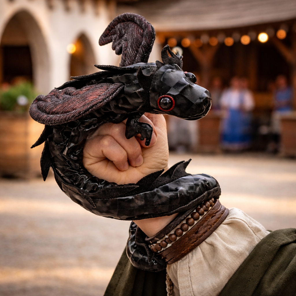 black dragon wristlet hand puppet wrapped around hand on white background