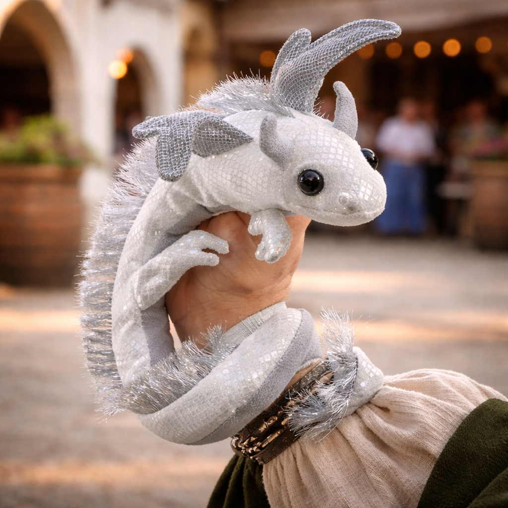 white iridescent dragon wristlet puppet coiled in a soft curved shape on white background