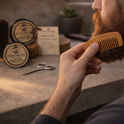 Man grooming beard with Pipers hollow beard kit