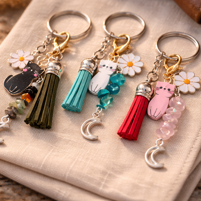 cat charm keychains with tassels and gemstone beads in multiple colors on white background lifestyle