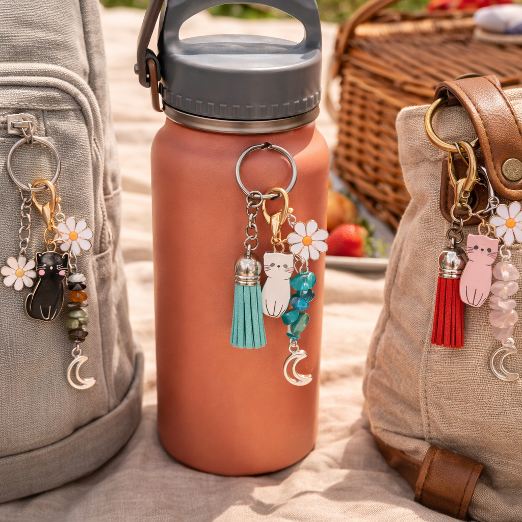 cat charm keychains with tassels and gemstone beads in multiple colors on hanging from water bottle and purses