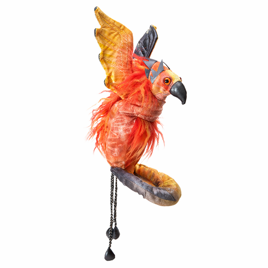 phoenix hand puppet wristlet with red and gold feathers worn on hand against white background