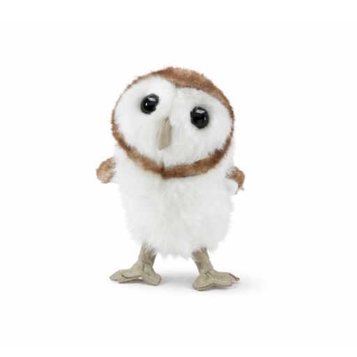 small plush owl finger puppet standing on hand with soft white and brown feathers