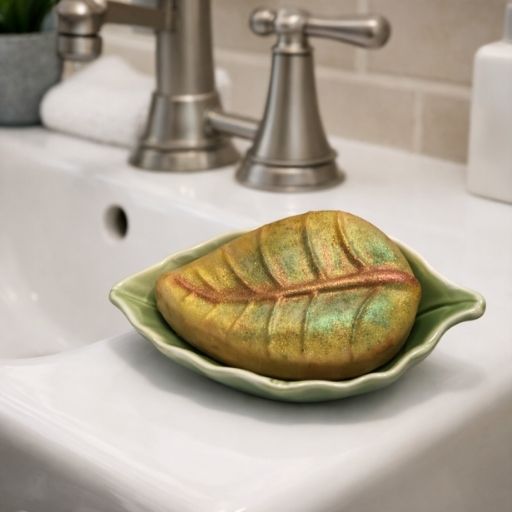 leaf shaped goat milk soap with matching green ceramic leaf dish on white background