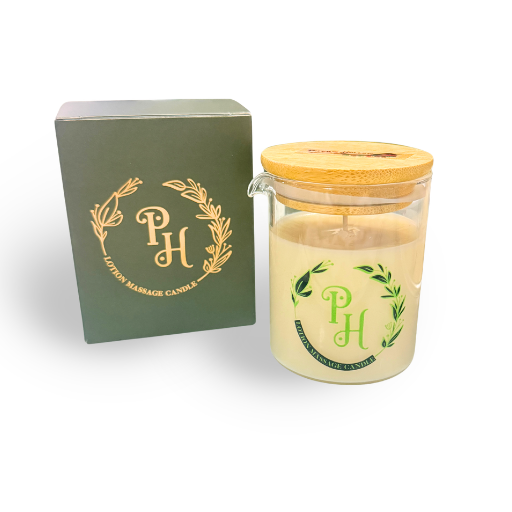Lotion Massage Candle with wooden lid and green box featuring 'PH' logo on a white background