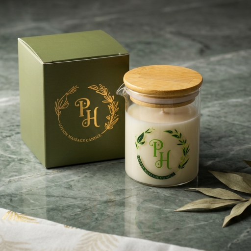 Candle with wooden lid and packaging on a marble surface