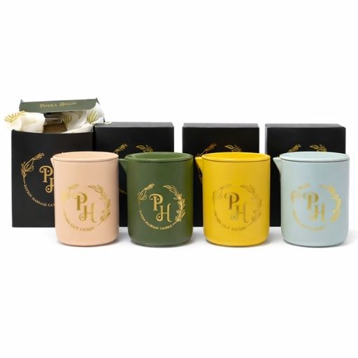 ceramic lotion massage candles with lids in pink green yellow and blue jars with elegant packaging