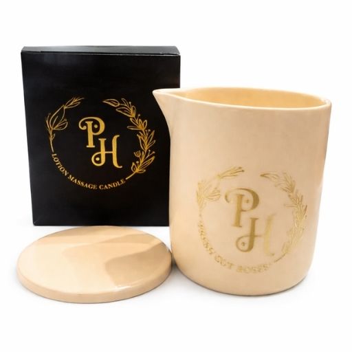 ceramic lotion massage candles with lids in pink jar with elegant packaging