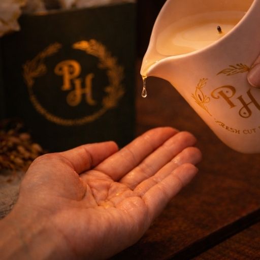 ceramic lotion massage candle pouring onto a lady's hand