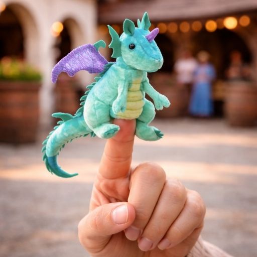 small green dragon finger puppet sitting on hand with soft plush texture