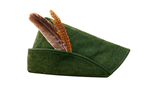 green woodland hat with feather detail resting on rustic wooden table with natural forest elements