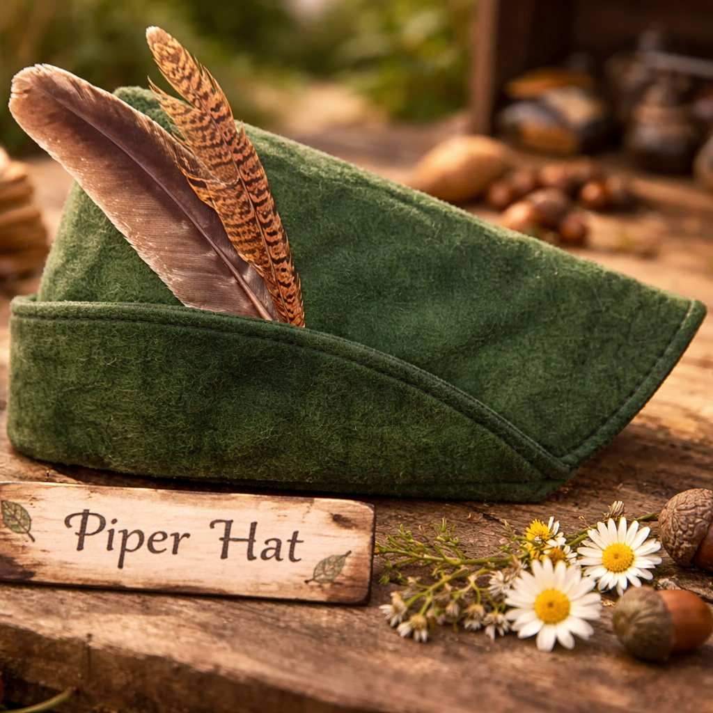 green woodland hat with feather detail resting on rustic wooden table with natural forest elements