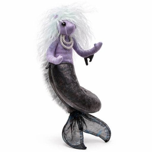 fantasy sea nymph wristlet puppet with purple body and flowing tail worn on hand against white background