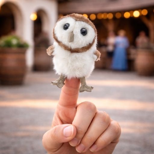 small plush owl finger puppet standing on hand with soft white and brown feathers