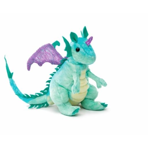 small green dragon finger puppet sitting on hand with soft plush texture