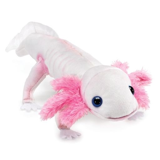 pink and white axolotl finger puppet plush toy on white background
