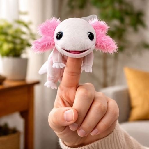 pink and white axolotl finger puppet plush toy on white background