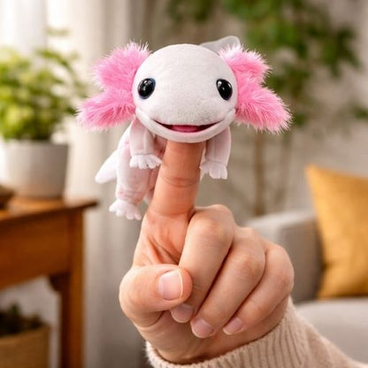 pink and white axolotl finger puppet plush toy on white background