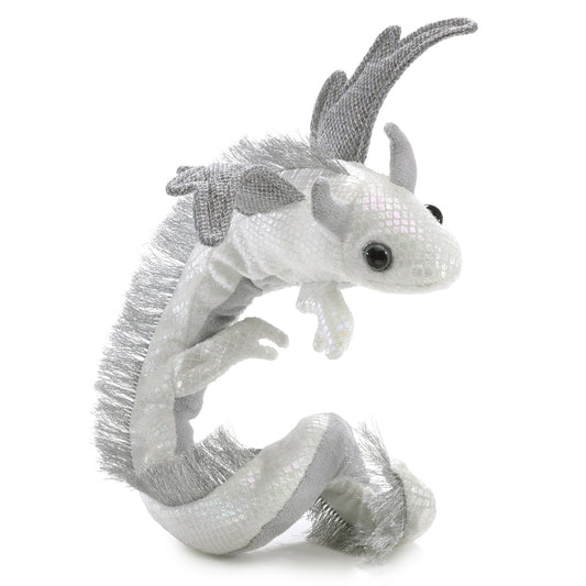 white iridescent dragon wristlet puppet coiled in a soft curved shape on white background