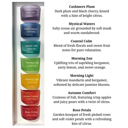 Seven Piper's Hollow lotion candle tealights with scent names and descriptions