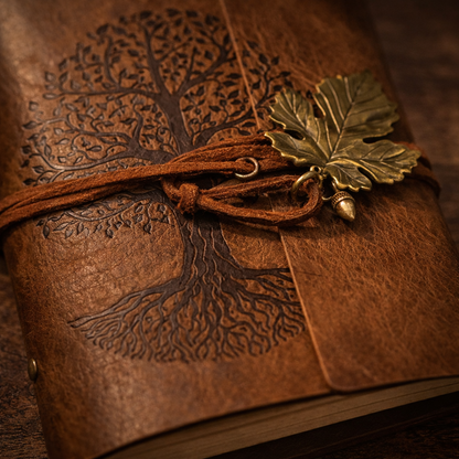 small leather journal with embossed tree design, wrap closure, and leaf charm on rustic background
